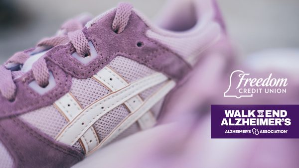 2023 Walk to End Alzheimer’s® logo on a pair of purple sneakers