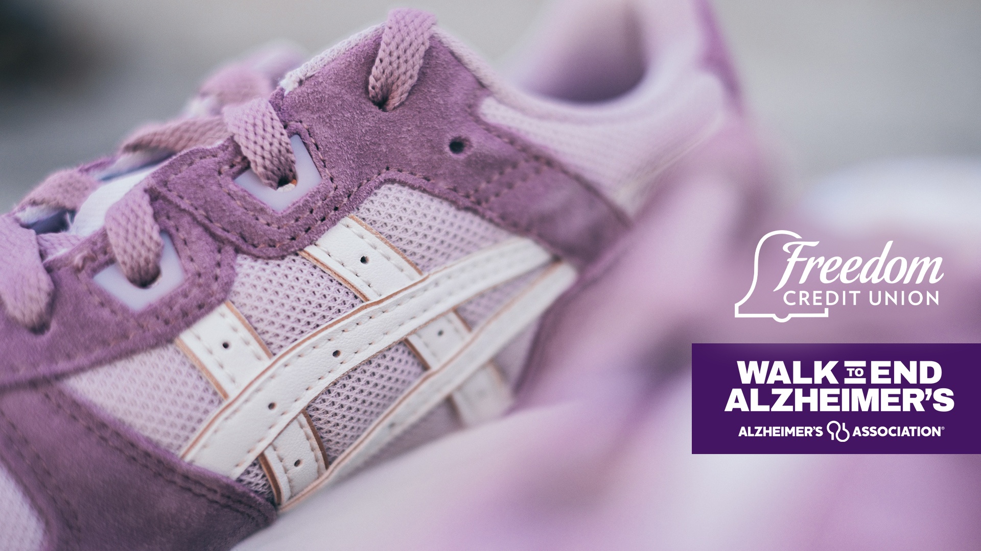 2023 Walk to End Alzheimer’s® logo on a pair of purple sneakers